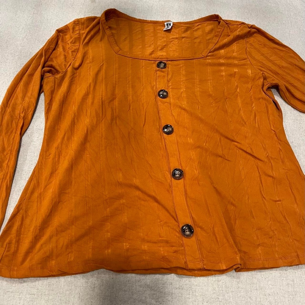 It's Womens Orange Ribbed Button Up Blouse Square Neck Long Sleeve Top 2X